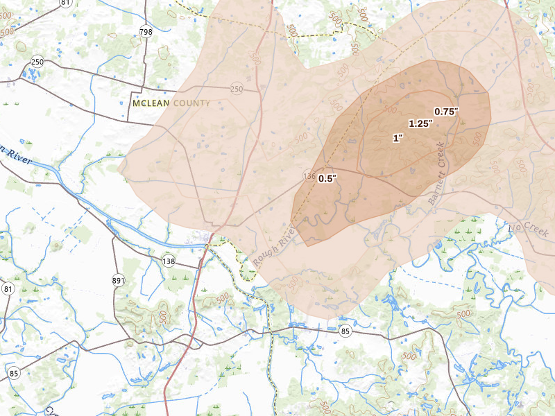 Radar-estimated hail-size map of the storm over Livermore, KY on Jul 3, 2026