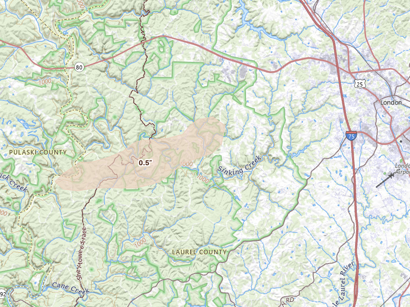 Radar-estimated hail-size map of the storm over London, KY on Apr 1, 2026