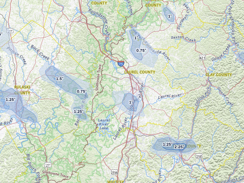 NEXRAD radar-signature map of the hail storm over London, KY on Aug 11, 2026