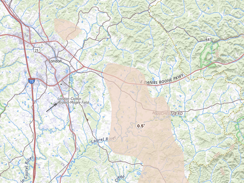 Radar-estimated hail-size map of the storm over London, KY on Aug 16, 2026