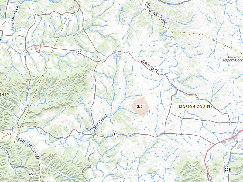 Radar-estimated hail-size map of the storm over Loretto, KY on Aug 16, 2026