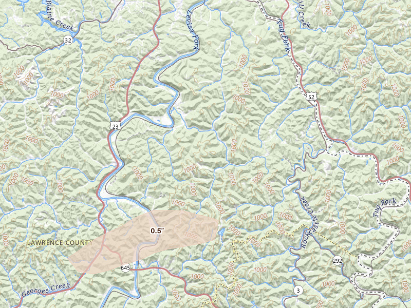 Radar-estimated hail-size map of the storm over Louisa, KY on Apr 1, 2026