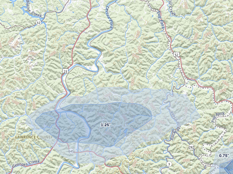 NEXRAD radar-signature map of the hail storm over Louisa, KY on Apr 1, 2026