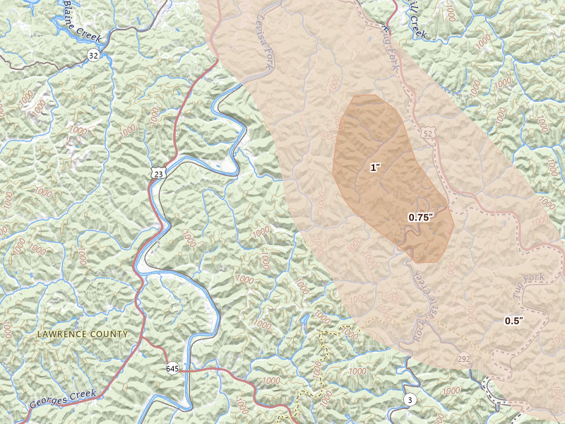 Radar-estimated hail-size map of the storm over Louisa, KY on Jul 27, 2026