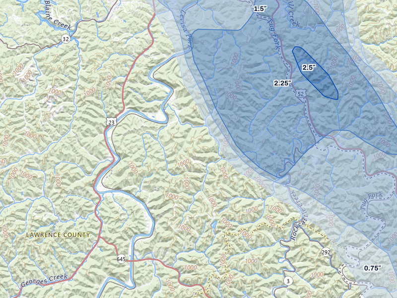 NEXRAD radar-signature map of the hail storm over Louisa, KY on Jul 27, 2026
