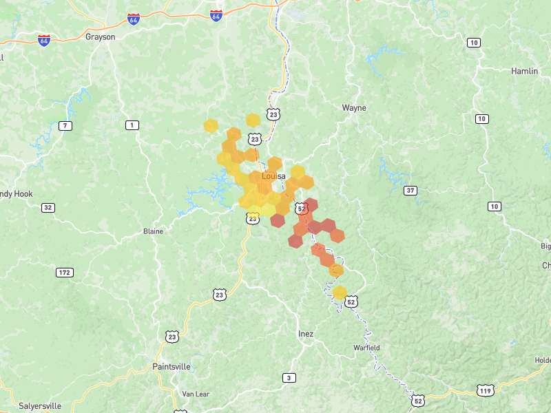 Hail map of Louisa, KY on Jul 28, 2026, hail up to 2.5"