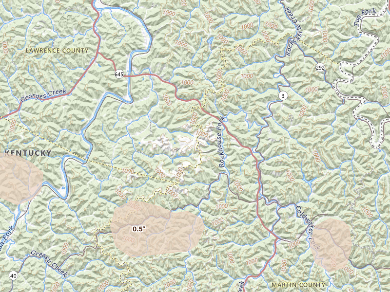 Radar-estimated hail-size map of the storm over Louisa, KY on Aug 9, 2026