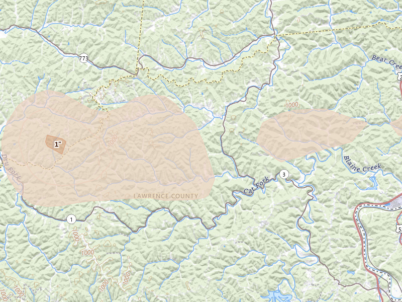 Radar-estimated hail-size map of the storm over Louisa, KY on Aug 11, 2026