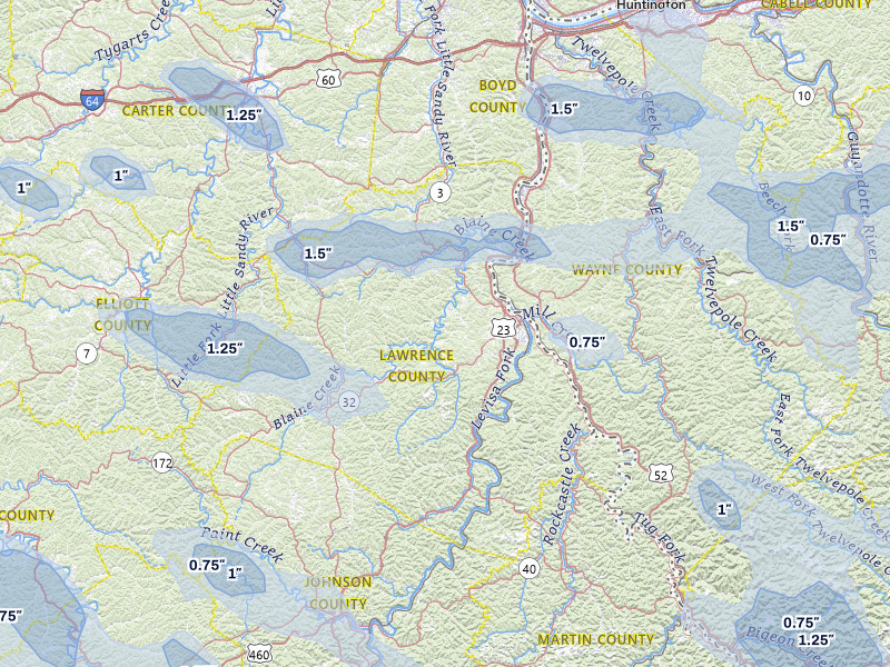 NEXRAD radar-signature map of the hail storm over Louisa, KY on Aug 11, 2026