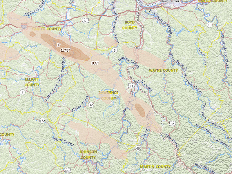 Radar-estimated hail-size map of the storm over Louisa, KY on Aug 16, 2026
