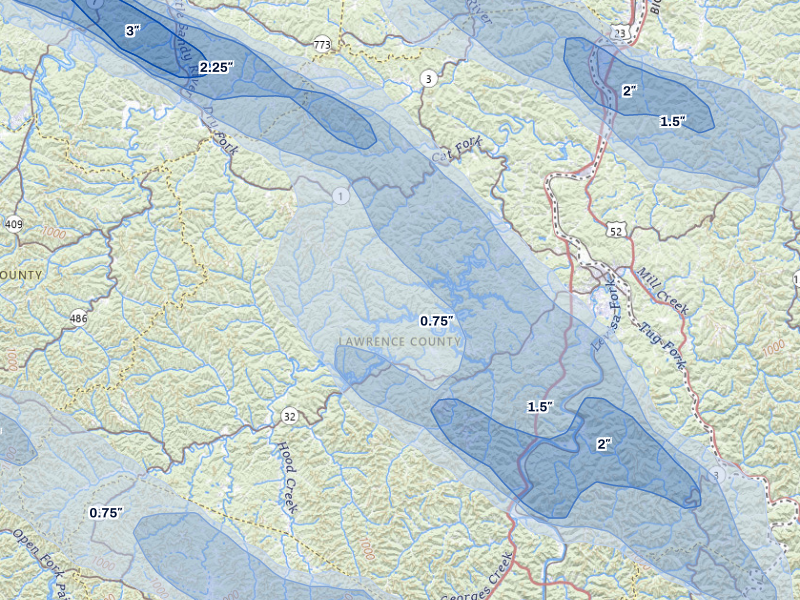 NEXRAD radar-signature map of the hail storm over Louisa, KY on Aug 16, 2026
