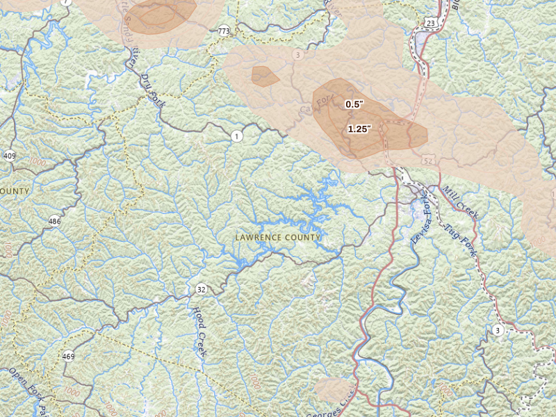 Radar-estimated hail-size map of the storm over Louisa, KY