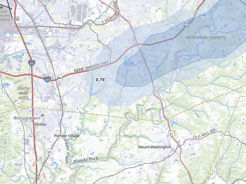 NEXRAD radar-signature map of the hail storm over Louisville, KY on Apr 1, 2026