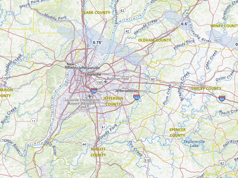 NEXRAD radar-signature map of the hail storm over Louisville, KY on May 3, 2026