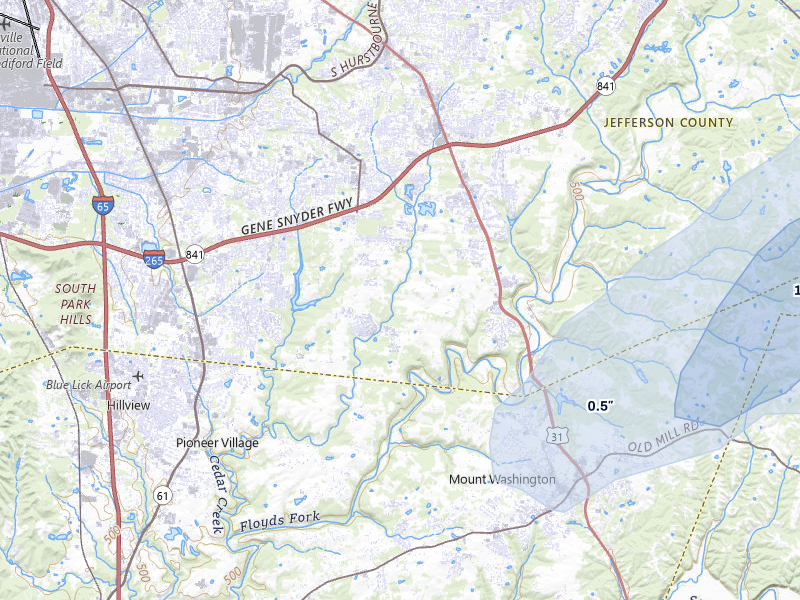 NEXRAD radar-signature map of the hail storm over Louisville, KY on May 16, 2026