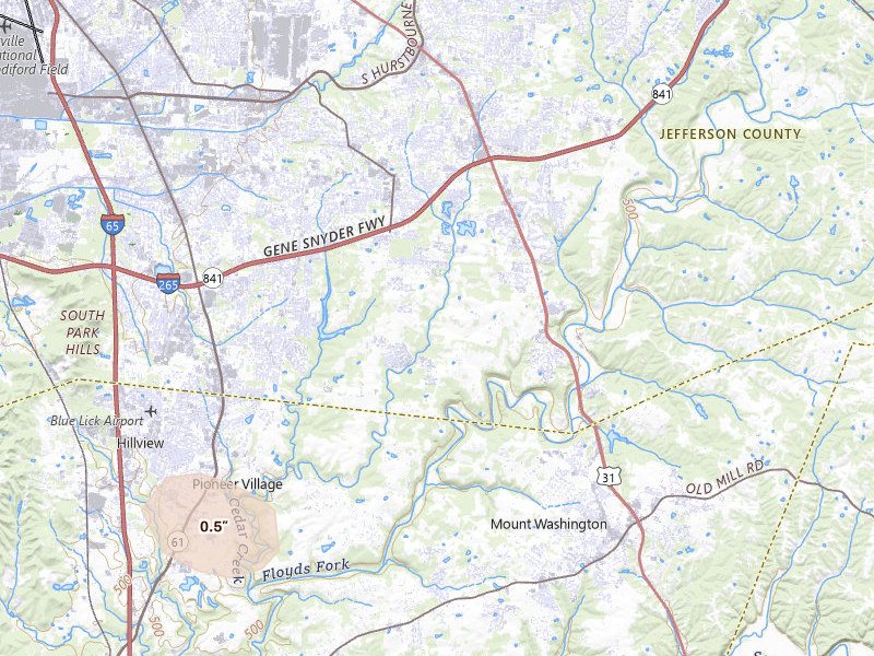 Radar-estimated hail-size map of the storm over Louisville, KY on Jul 21, 2026