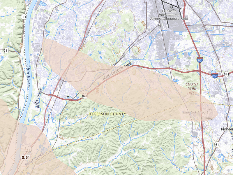 Radar-estimated hail-size map of the storm over Louisville, KY on Aug 11, 2026