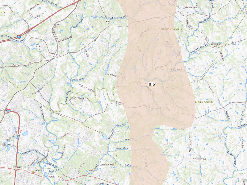Radar-estimated hail-size map of the storm over Louisville, KY on Sep 18, 2026