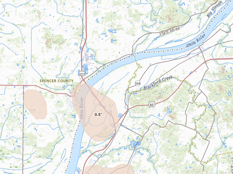 Radar-estimated hail-size map of the storm over Maceo, KY on Jul 26, 2026