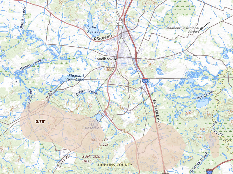 Radar-estimated hail-size map of the storm over Madisonville, KY on Jul 2, 2026