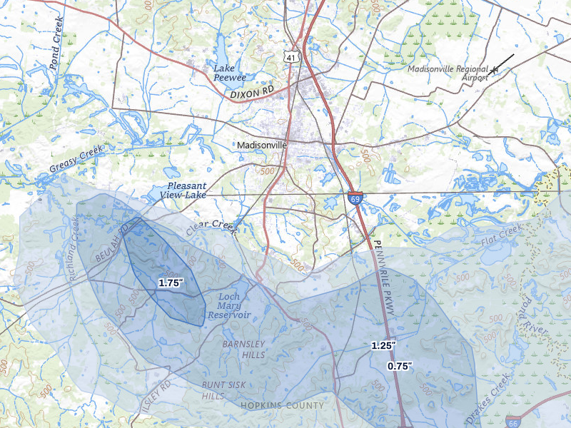 NEXRAD radar-signature map of the hail over Madisonville, KY
