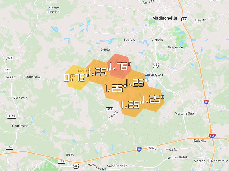 Hail map of Madisonville, KY on Jul 2, 2026, hail up to 1.75"