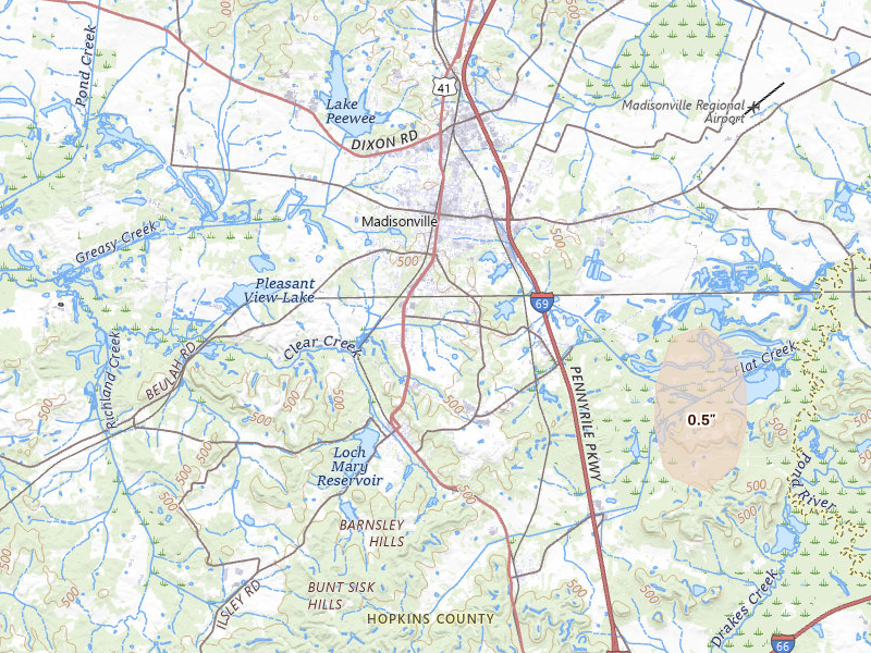 Radar-estimated hail-size map of the storm over Madisonville, KY on Jul 3, 2026