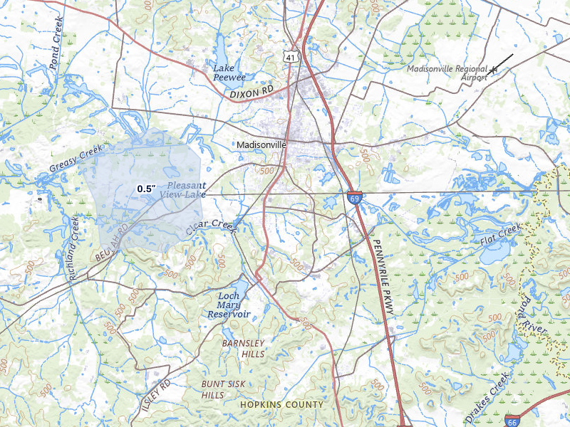 NEXRAD radar-signature map of the hail storm over Madisonville, KY on Jul 10, 2026