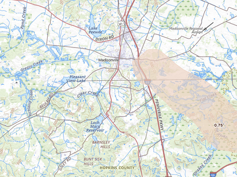 Radar-estimated hail-size map of the storm over Madisonville, KY on Jul 21, 2026