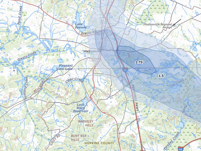 NEXRAD radar-signature map of the hail over Madisonville, KY