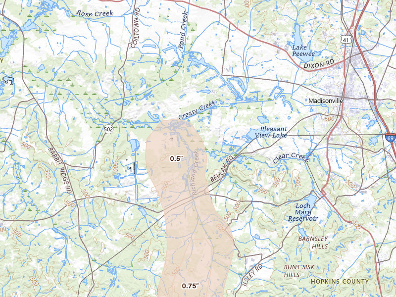 Radar-estimated hail-size map of the storm over Madisonville, KY on Aug 8, 2026
