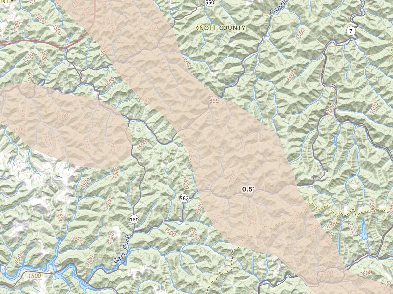 Radar-estimated hail-size map of the storm over Mallie, KY on Aug 22, 2026