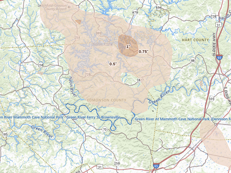 Radar-estimated hail-size map of the storm over Mammoth Cave, KY on Jul 26, 2026