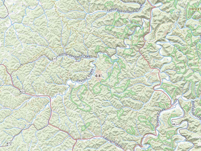 Radar-estimated hail-size map of the storm over Manchester, KY on Jul 28, 2026