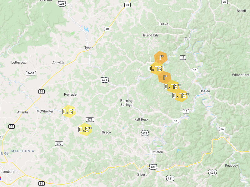 Hail map of Manchester, KY on Jul 28, 2026, hail up to 1"