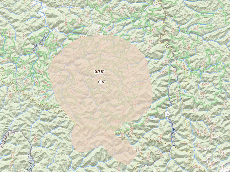 Radar-estimated hail-size map of the storm over Manchester, KY on Aug 12, 2026
