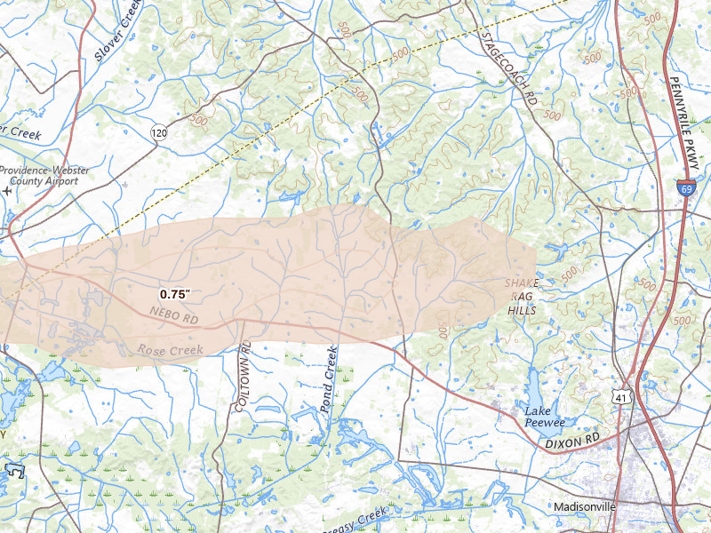 Radar-estimated hail-size map of the storm over Manitou, KY on Jun 13, 2026