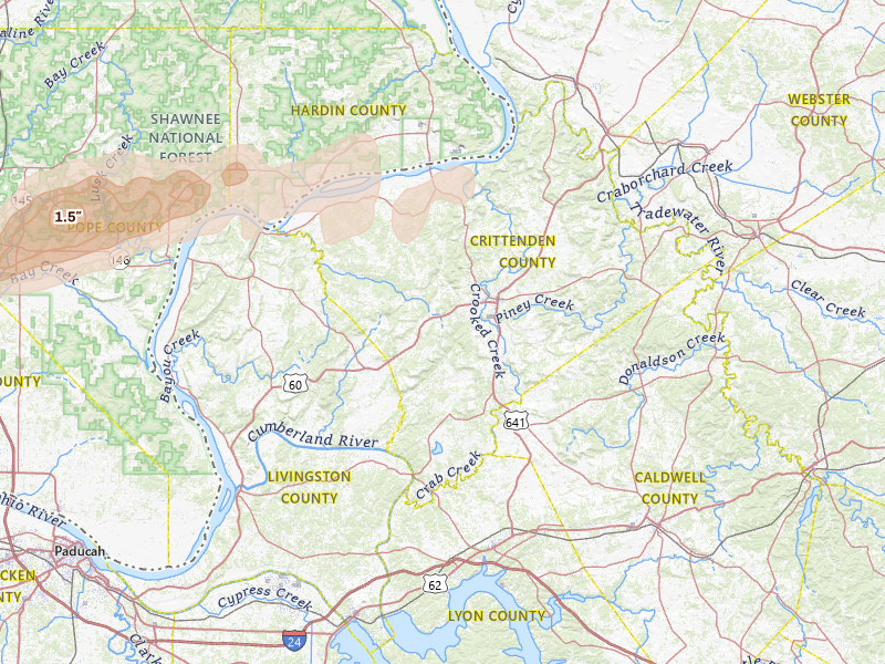 Radar-estimated hail-size map of the storm over Marion, KY on Mar 4, 2026