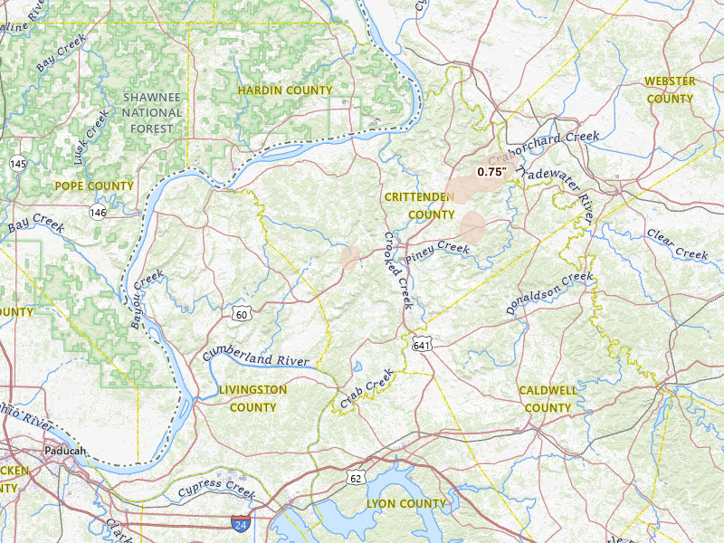 Radar-estimated hail-size map of the storm over Marion, KY on Jun 11, 2026