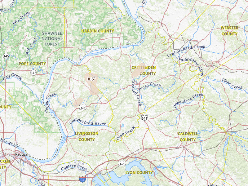 Radar-estimated hail-size map of the storm over Marion, KY on Jun 27, 2026