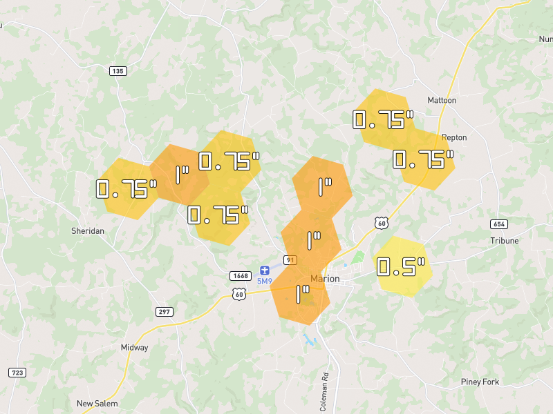 Hail map of Marion, KY on Jun 27, 2026, hail up to 1"