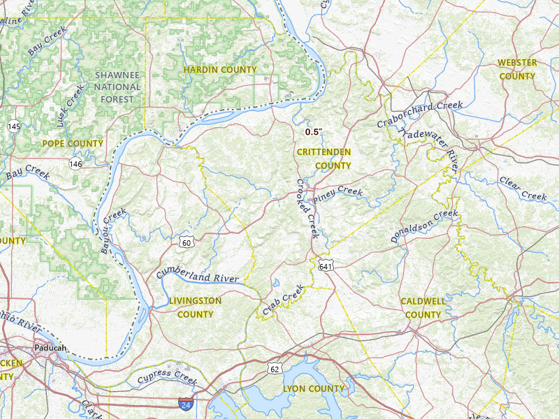 Radar-estimated hail-size map of the storm over Marion, KY on Jul 6, 2026