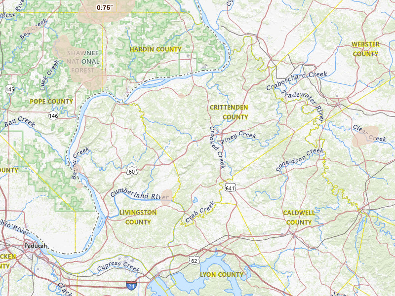 Radar-estimated hail-size map of the storm over Marion, KY on Jul 10, 2026