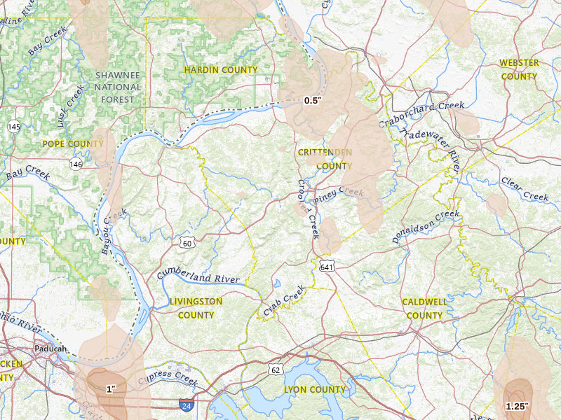 Radar-estimated hail-size map of the storm over Marion, KY on Jul 26, 2026
