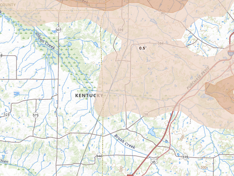 Radar-estimated hail-size map of the storm over Mayfield, KY on Jun 8, 2026