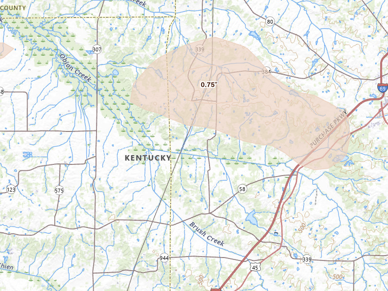 Radar-estimated hail-size map of the storm over Mayfield, KY on Jun 9, 2026