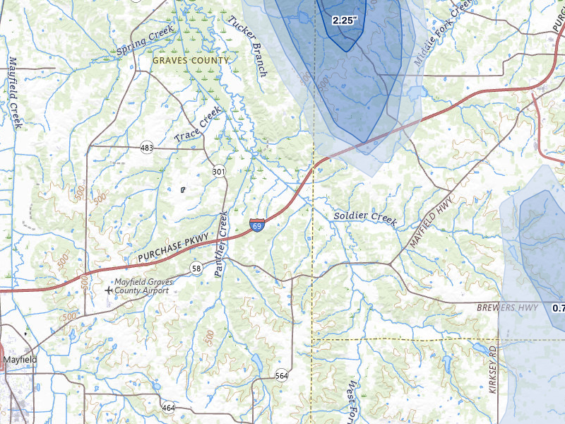 NEXRAD radar-signature map of the hail over Mayfield, KY
