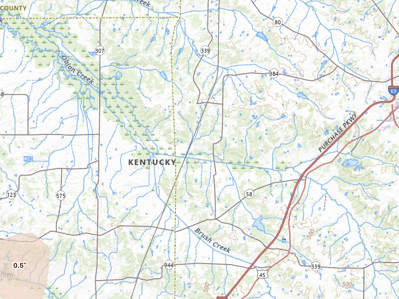 Radar-estimated hail-size map of the storm over Mayfield, KY on Jul 3, 2026
