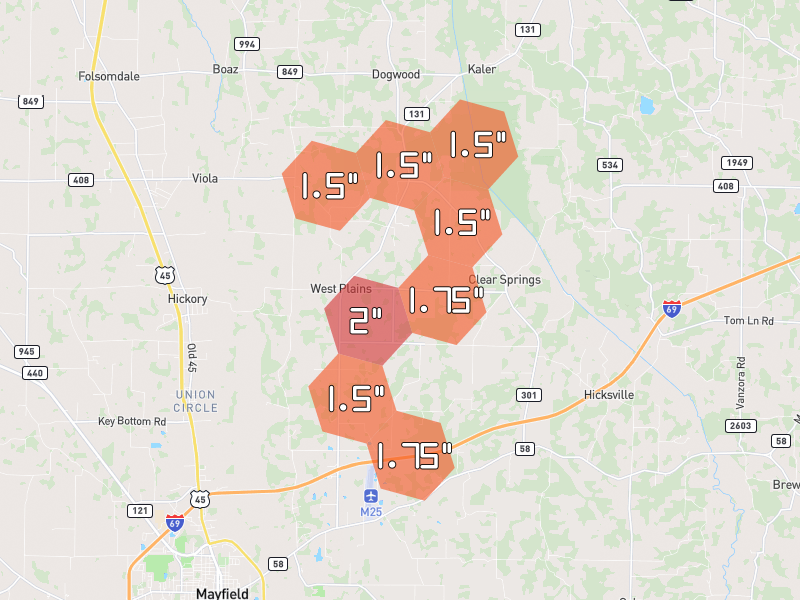 Hail map of Mayfield, KY on Jul 3, 2026, hail up to 2"