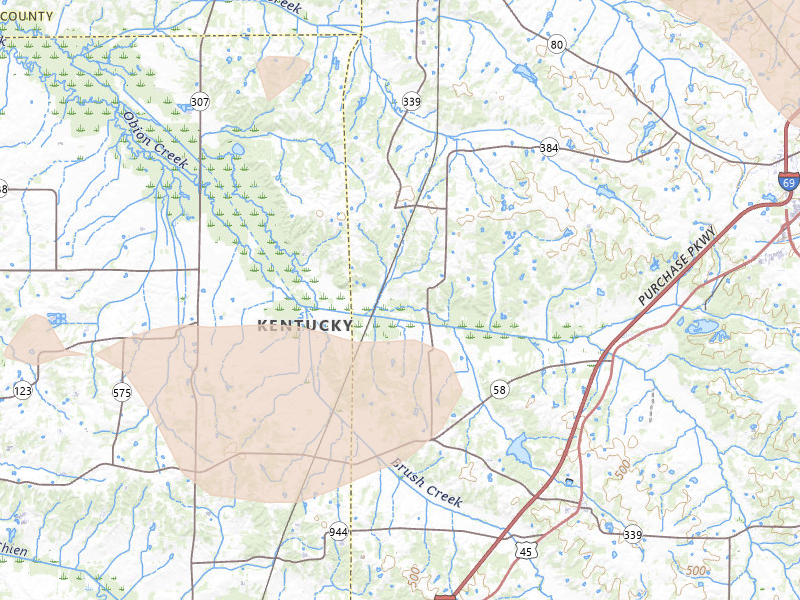 Radar-estimated hail-size map of the storm over Mayfield, KY on Jul 9, 2026
